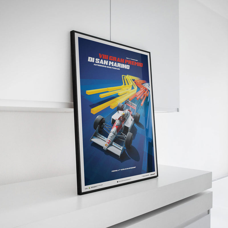 Affiche McLaren MP4/4 - Bleue - GP de San Marin - 1988 - Automobilist - cadre